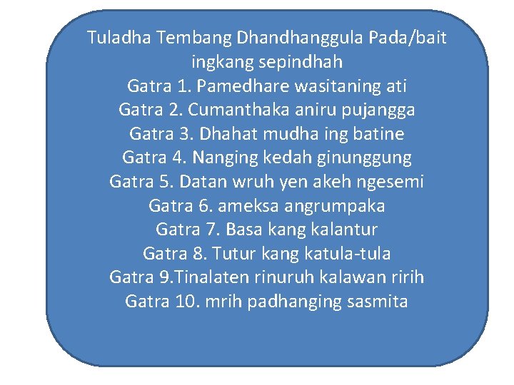 Tuladha Tembang Dhandhanggula Pada/bait ingkang sepindhah Gatra 1. Pamedhare wasitaning ati Gatra 2. Cumanthaka