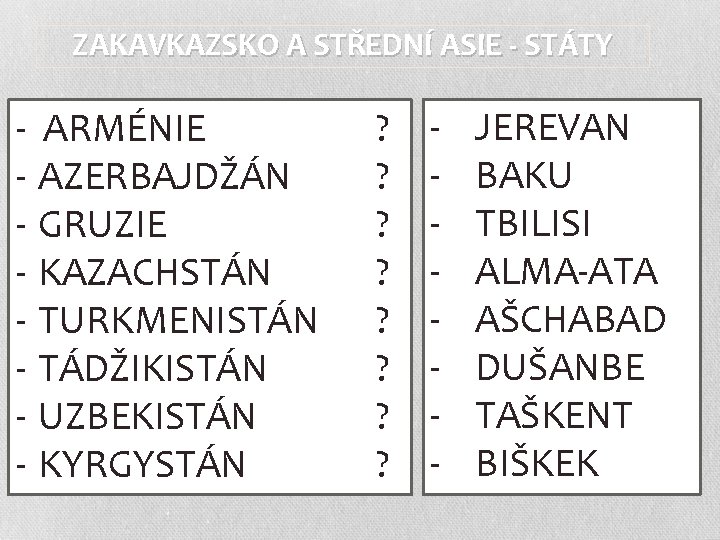ZAKAVKAZSKO A STŘEDNÍ ASIE - STÁTY - ARMÉNIE - AZERBAJDŽÁN - GRUZIE - KAZACHSTÁN