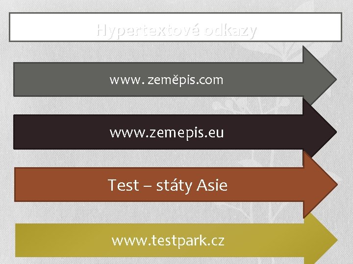 Hypertextové odkazy www. zeměpis. com www. zemepis. eu Test – státy Asie www. testpark.