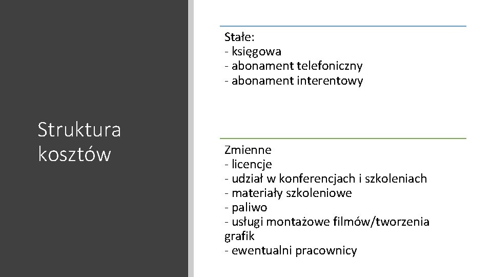 Stałe: - księgowa - abonament telefoniczny - abonament interentowy Struktura kosztów Zmienne - licencje