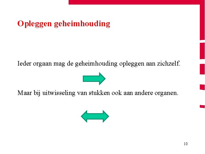 Opleggen geheimhouding Ieder orgaan mag de geheimhouding opleggen aan zichzelf. Maar bij uitwisseling van