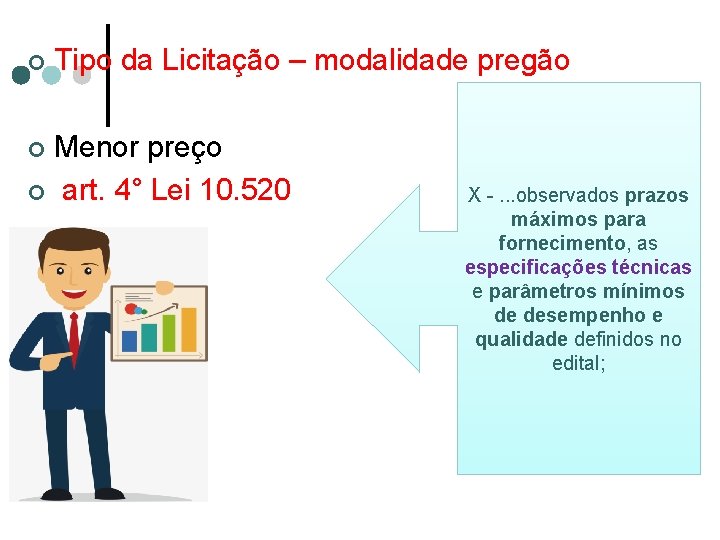 ¢ Tipo da Licitação – modalidade pregão Menor preço ¢ art. 4° Lei 10.