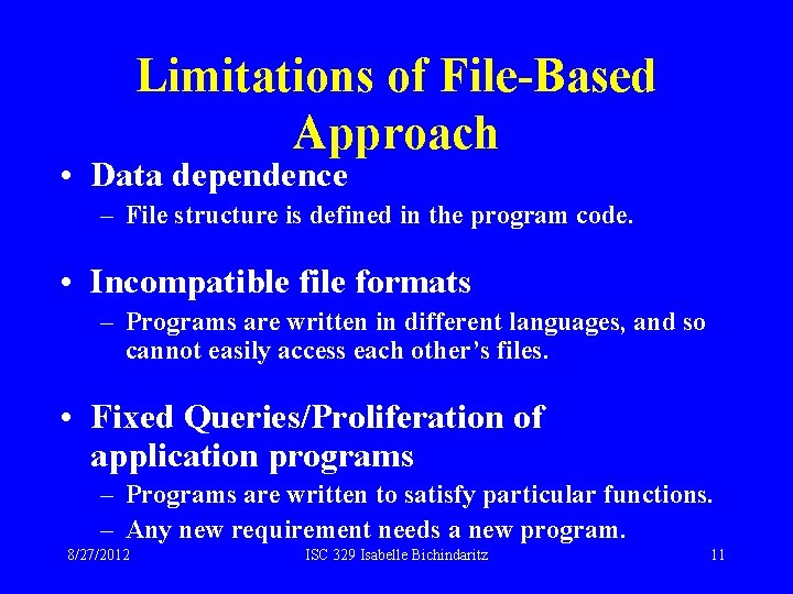 Limitations of File-Based Approach • Data dependence – File structure is defined in the
