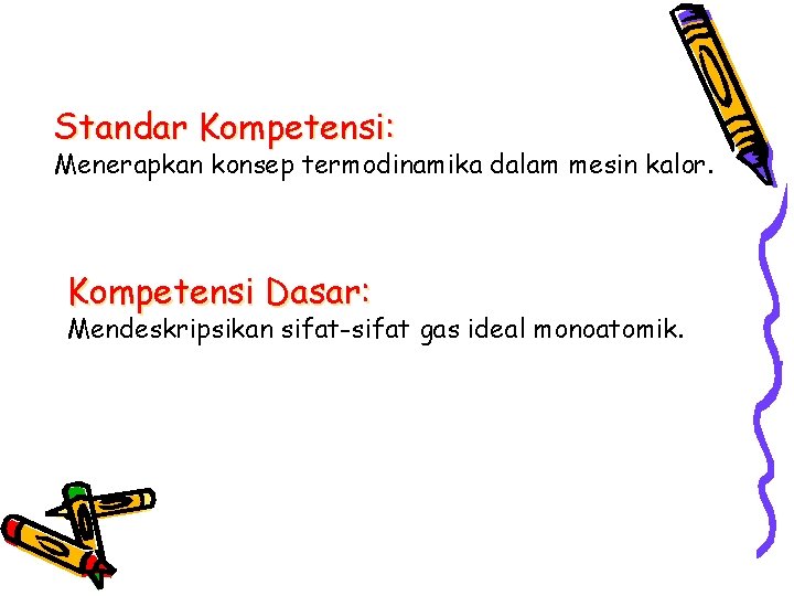 Standar Kompetensi: Menerapkan konsep termodinamika dalam mesin kalor. Kompetensi Dasar: Mendeskripsikan sifat-sifat gas ideal