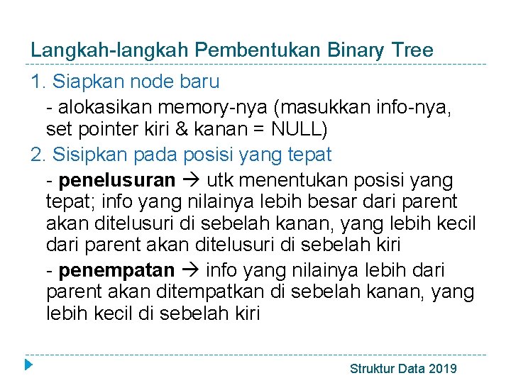 Langkah-langkah Pembentukan Binary Tree 1. Siapkan node baru - alokasikan memory-nya (masukkan info-nya, set