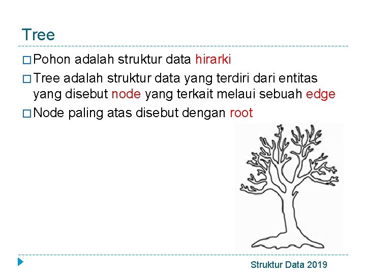Tree � Pohon adalah struktur data hirarki � Tree adalah struktur data yang terdiri