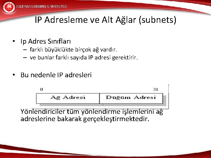 IP Adresleme ve Alt Ağlar (subnets) • Ip Adres Sınıfları – farklı büyüklükte birçok