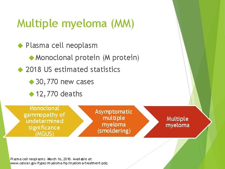 Multiple myeloma (MM) Plasma cell neoplasm Monoclonal protein (M protein) 2018 US estimated statistics