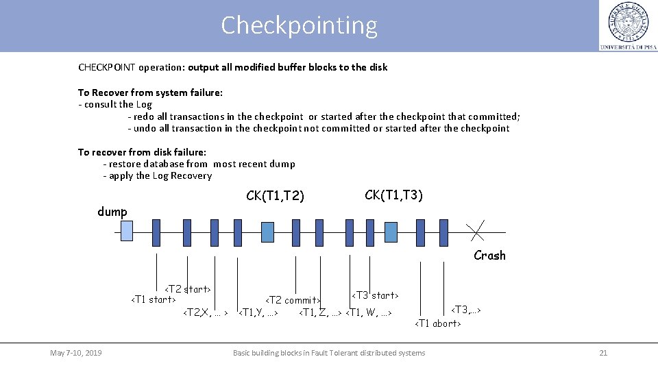 Checkpointing CHECKPOINT operation: output all modified buffer blocks to the disk To Recover from