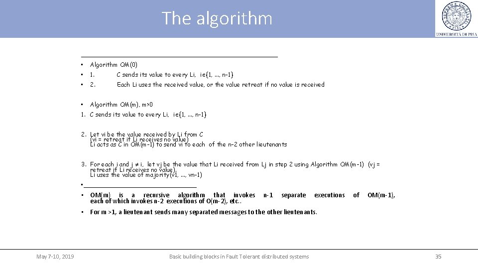 The algorithm _________________ • Algorithm OM(0) • 1. C sends its value to every