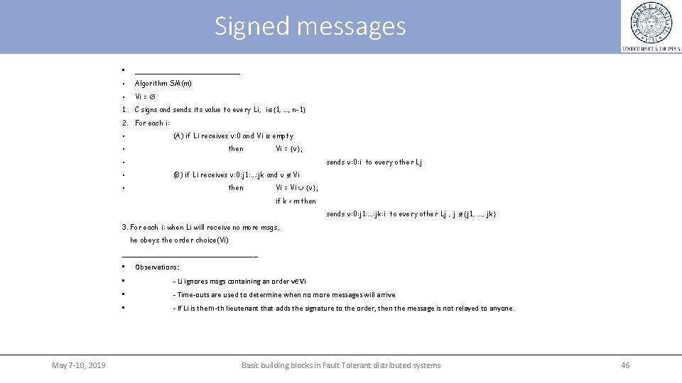 Signed messages • ______________ • Algorithm SM(m) • Vi = Æ 1. C signs