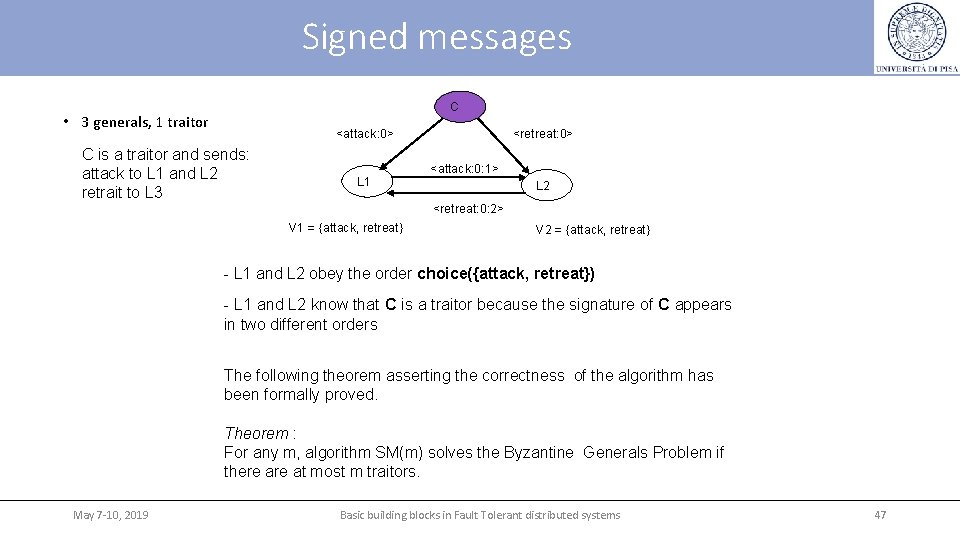 Signed messages C • 3 generals, 1 traitor <attack: 0> C is a traitor