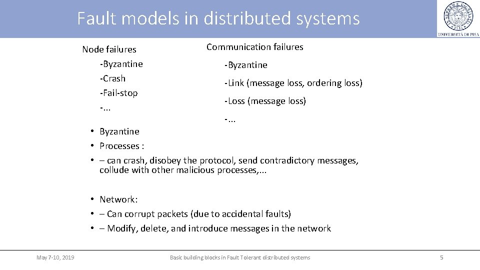 Fault models in distributed systems Node failures -Byzantine -Crash -Fail-stop -. . . Communication