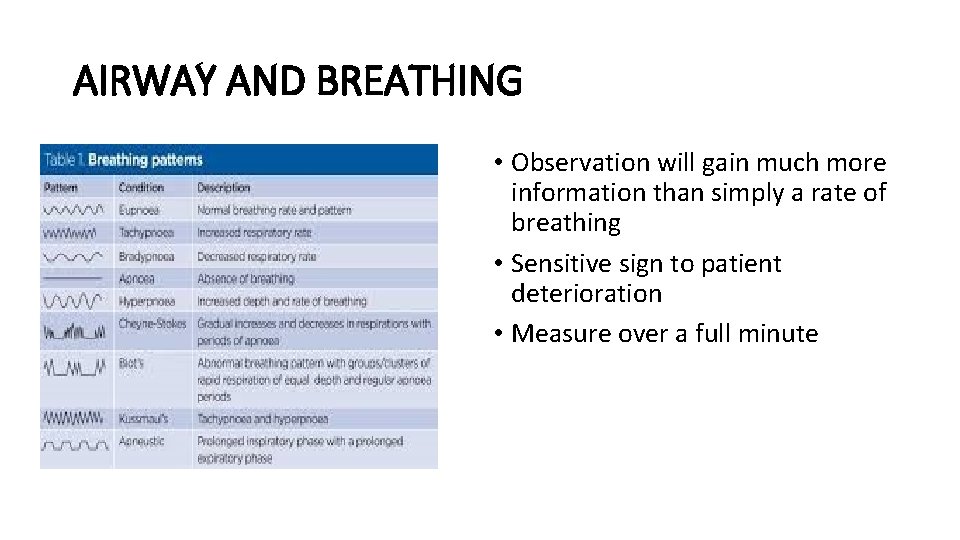 AIRWAY AND BREATHING • Observation will gain much more information than simply a rate