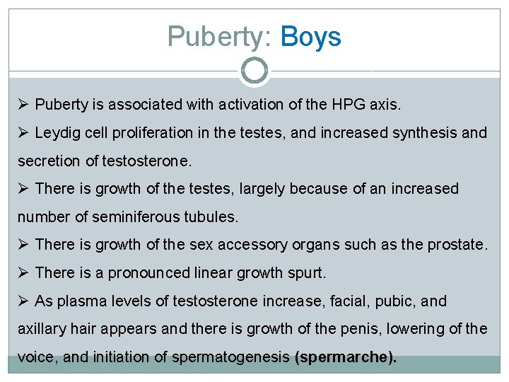 Puberty: Boys Ø Puberty is associated with activation of the HPG axis. Ø Leydig