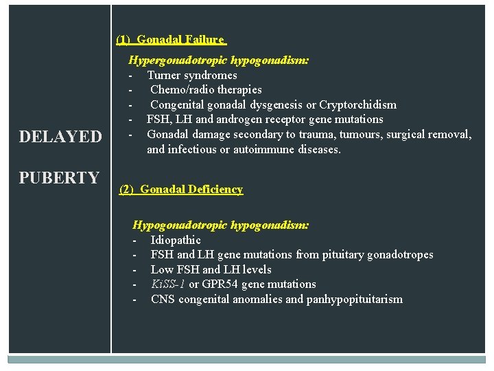 (1) Gonadal Failure DELAYED PUBERTY Hypergonadotropic hypogonadism: - Turner syndromes - Chemo/radio therapies -