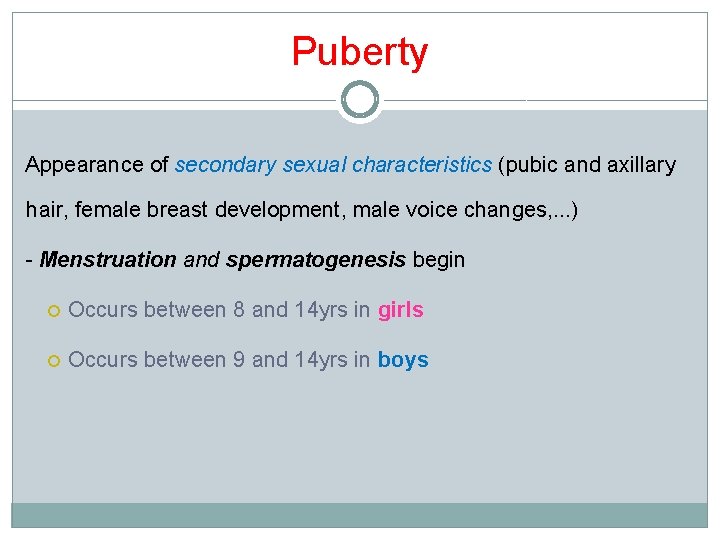 Puberty Appearance of secondary sexual characteristics (pubic and axillary hair, female breast development, male