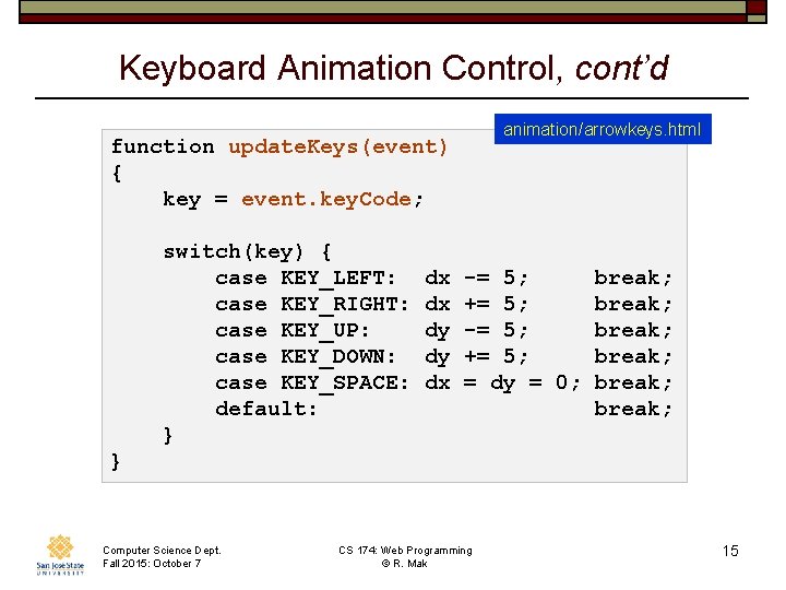 Keyboard Animation Control, cont’d animation/arrowkeys. html function update. Keys(event) { key = event. key.