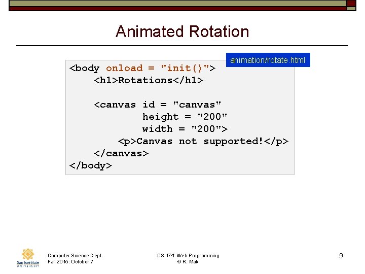Animated Rotation <body onload = "init()"> <h 1>Rotations</h 1> animation/rotate. html <canvas id =