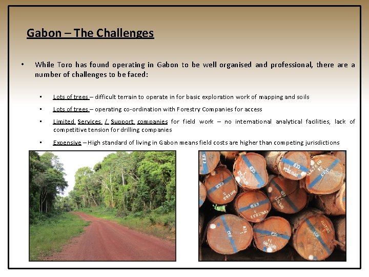 Gabon – The Challenges • While Toro has found operating in Gabon to be