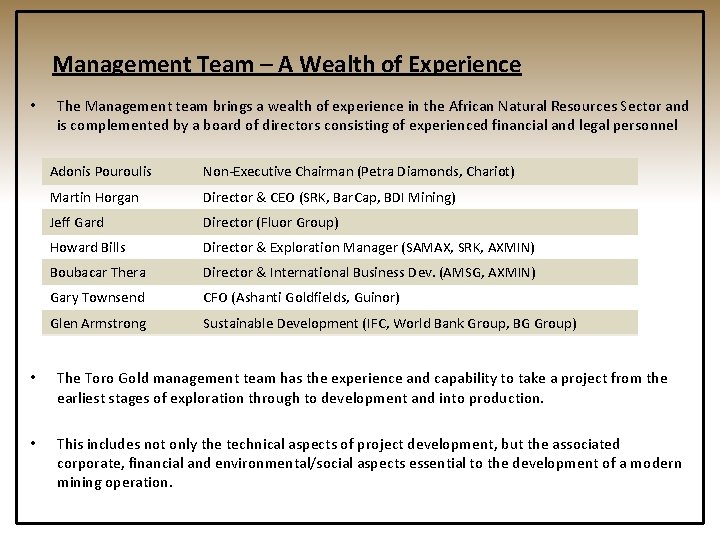 Management Team – A Wealth of Experience • The Management team brings a wealth
