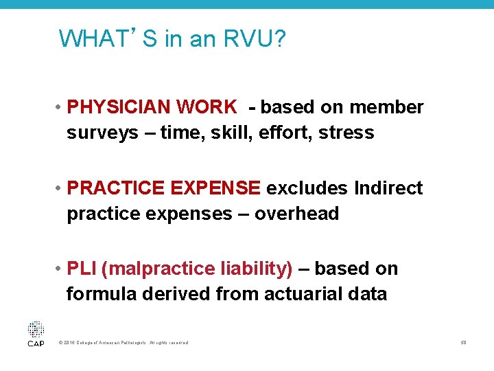 WHAT’S in an RVU? • PHYSICIAN WORK - based on member surveys – time,