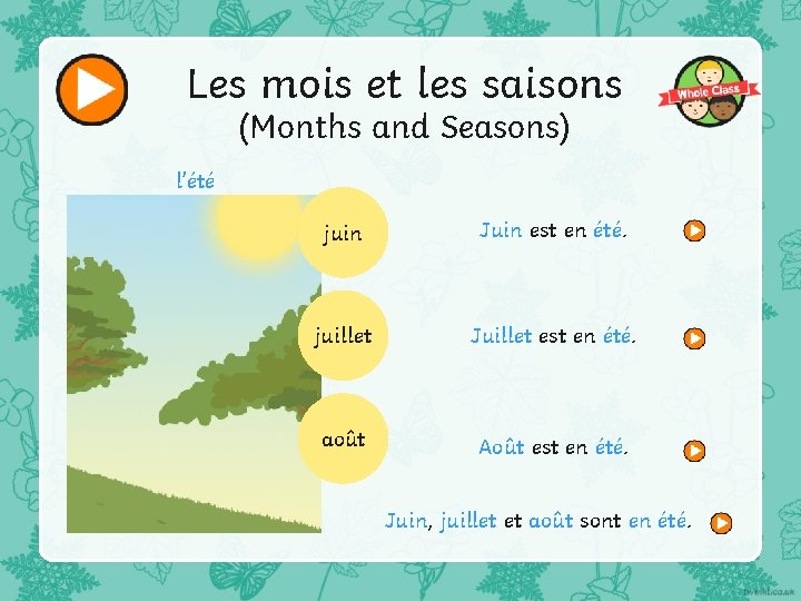 Les mois et les saisons (Months and Seasons) l’été juin Juin est en été.