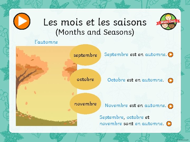 Les mois et les saisons (Months and Seasons) l’automne septembre Septembre est en automne.