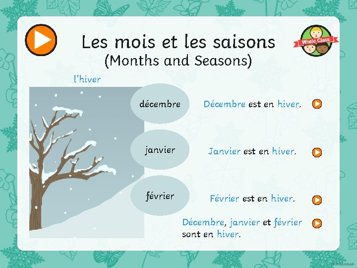 Les mois et les saisons (Months and Seasons) l’hiver décembre Décembre est en hiver.