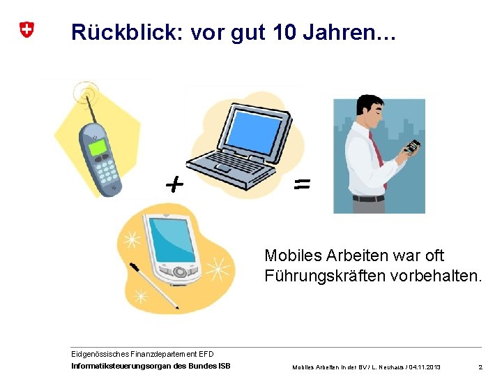 Rückblick: vor gut 10 Jahren… + = Mobiles Arbeiten war oft Führungskräften vorbehalten. Eidgenössisches