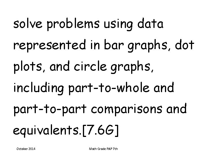 solve problems using data represented in bar graphs, dot plots, and circle graphs, including