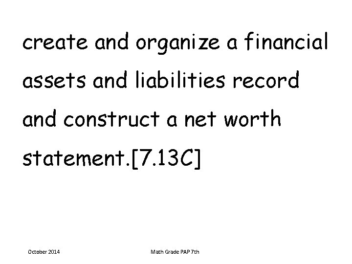 create and organize a financial assets and liabilities record and construct a net worth
