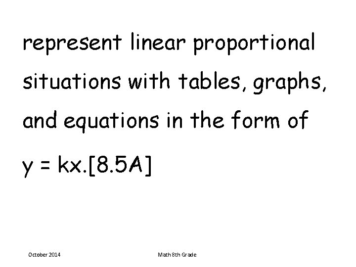 represent linear proportional situations with tables, graphs, and equations in the form of y