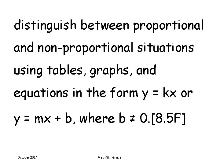 distinguish between proportional and non-proportional situations using tables, graphs, and equations in the form