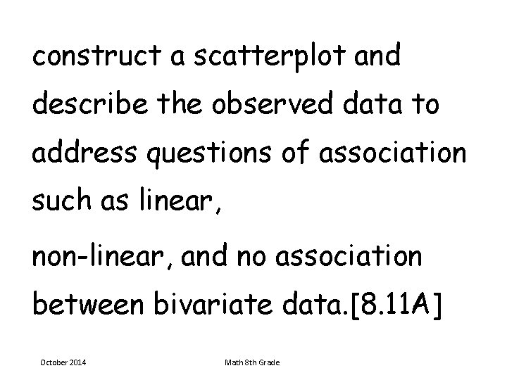 construct a scatterplot and describe the observed data to address questions of association such