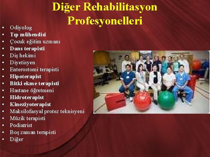  • • • • • Diğer Rehabilitasyon Profesyonelleri Odiyolog Tıp mühendisi Çocuk eğitim