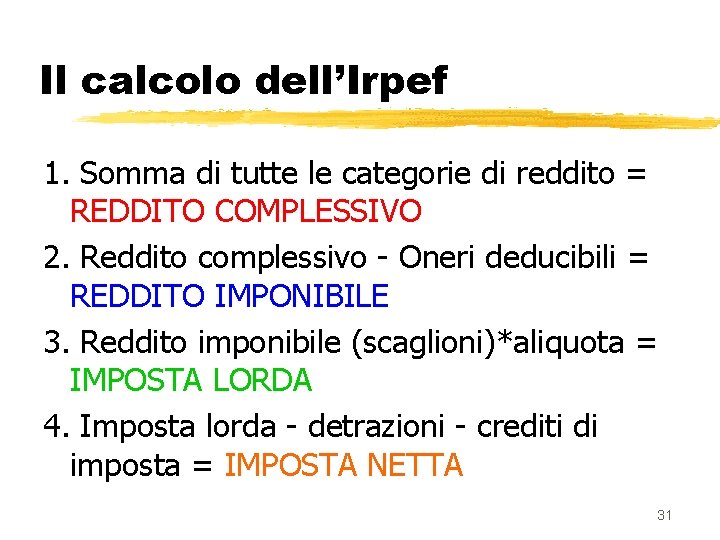 Il calcolo dell’Irpef 1. Somma di tutte le categorie di reddito = REDDITO COMPLESSIVO