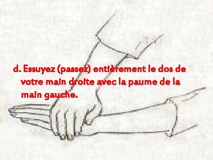 d. Essuyez (passez) entièrement le dos de votre main droite avec la paume de