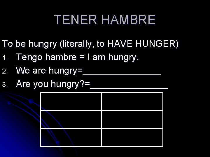 TENER HAMBRE To be hungry (literally, to HAVE HUNGER) 1. Tengo hambre = I