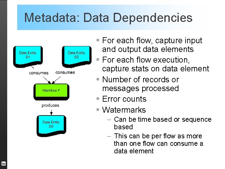 Metadata: Data Dependencies § For each flow, capture input and output data elements §