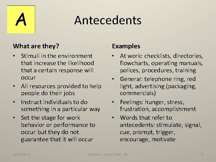 Antecedents What are they? Examples • Stimuli in the environment that increase the likelihood