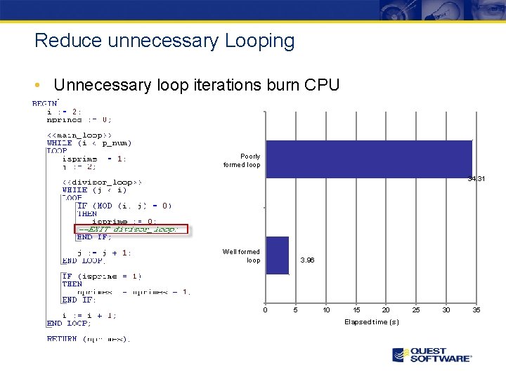 Reduce unnecessary Looping • Unnecessary loop iterations burn CPU Poorly formed loop 34. 31