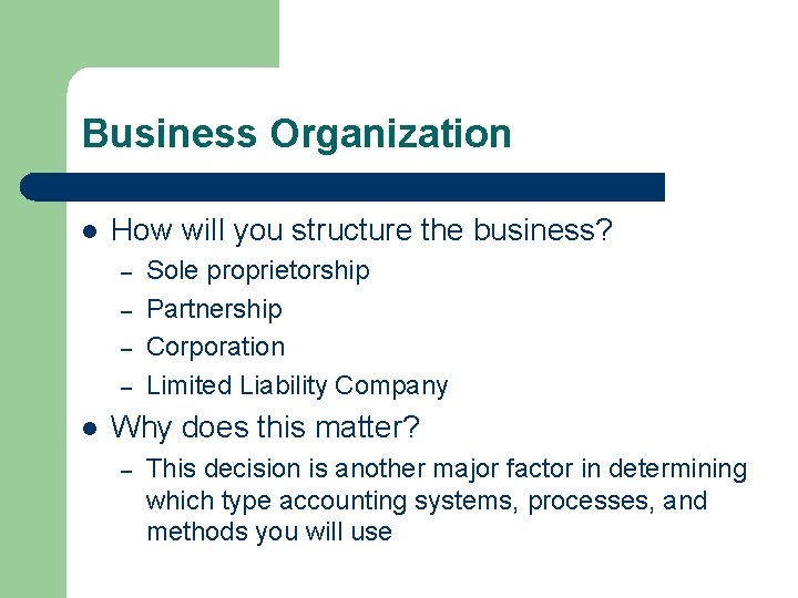 Business Organization l How will you structure the business? – – l Sole proprietorship