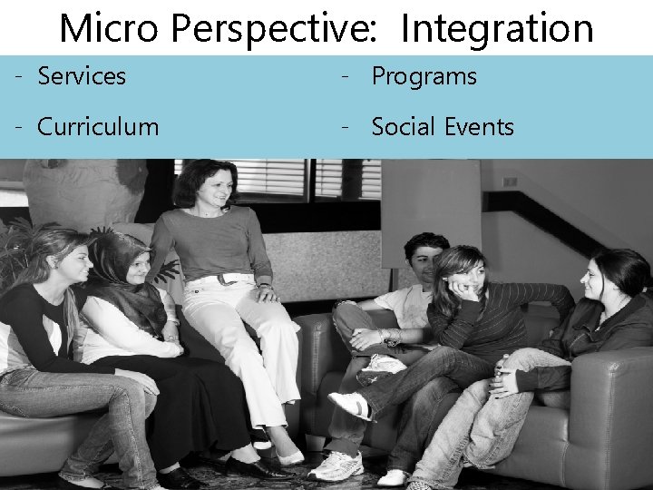 Micro Perspective: Integration - Services - Programs - Curriculum - Social Events 