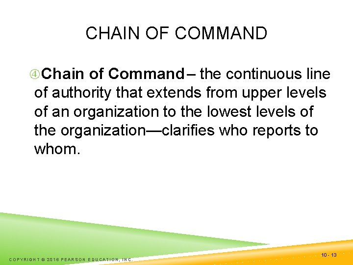 CHAIN OF COMMAND Chain of Command – the continuous line of authority that extends