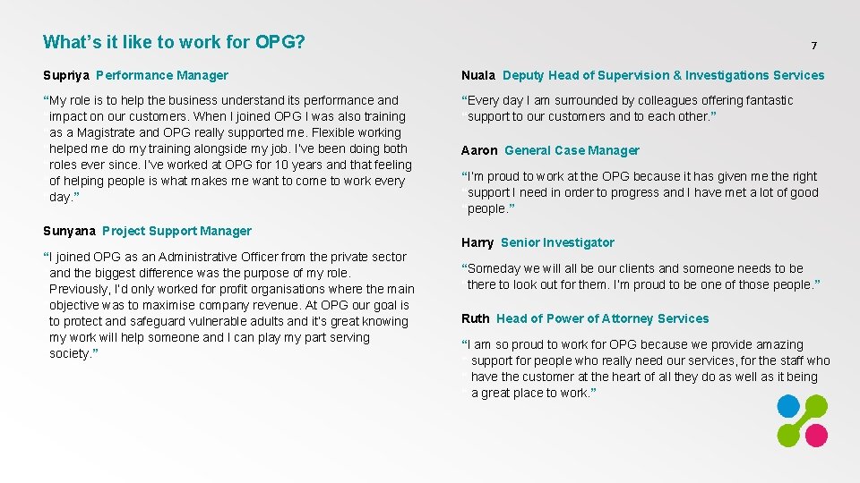 What’s it like to work for OPG? 7 Supriya Performance Manager Nuala Deputy Head