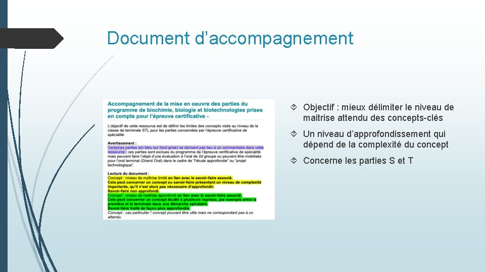 Document d’accompagnement Objectif : mieux délimiter le niveau de maitrise attendu des concepts-clés Un