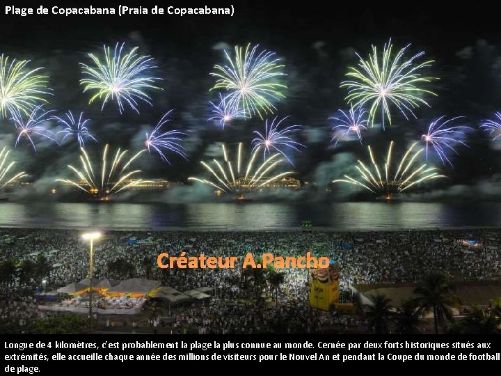 Plage de Copacabana (Praia de Copacabana) Créateur A. Pancho Longue de 4 kilomètres, c’est