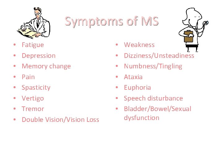 Symptoms of MS • • Fatigue Depression Memory change Pain Spasticity Vertigo Tremor Double