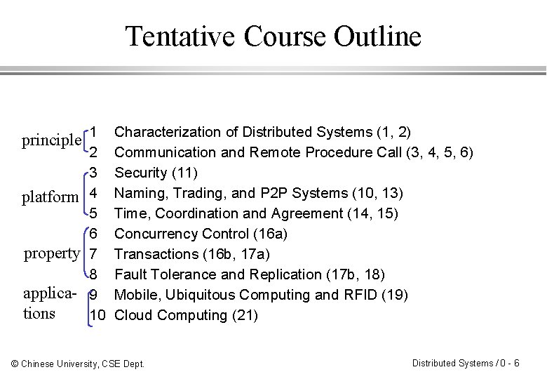 Tentative Course Outline principle 1 Characterization of Distributed Systems (1, 2) 2 Communication and